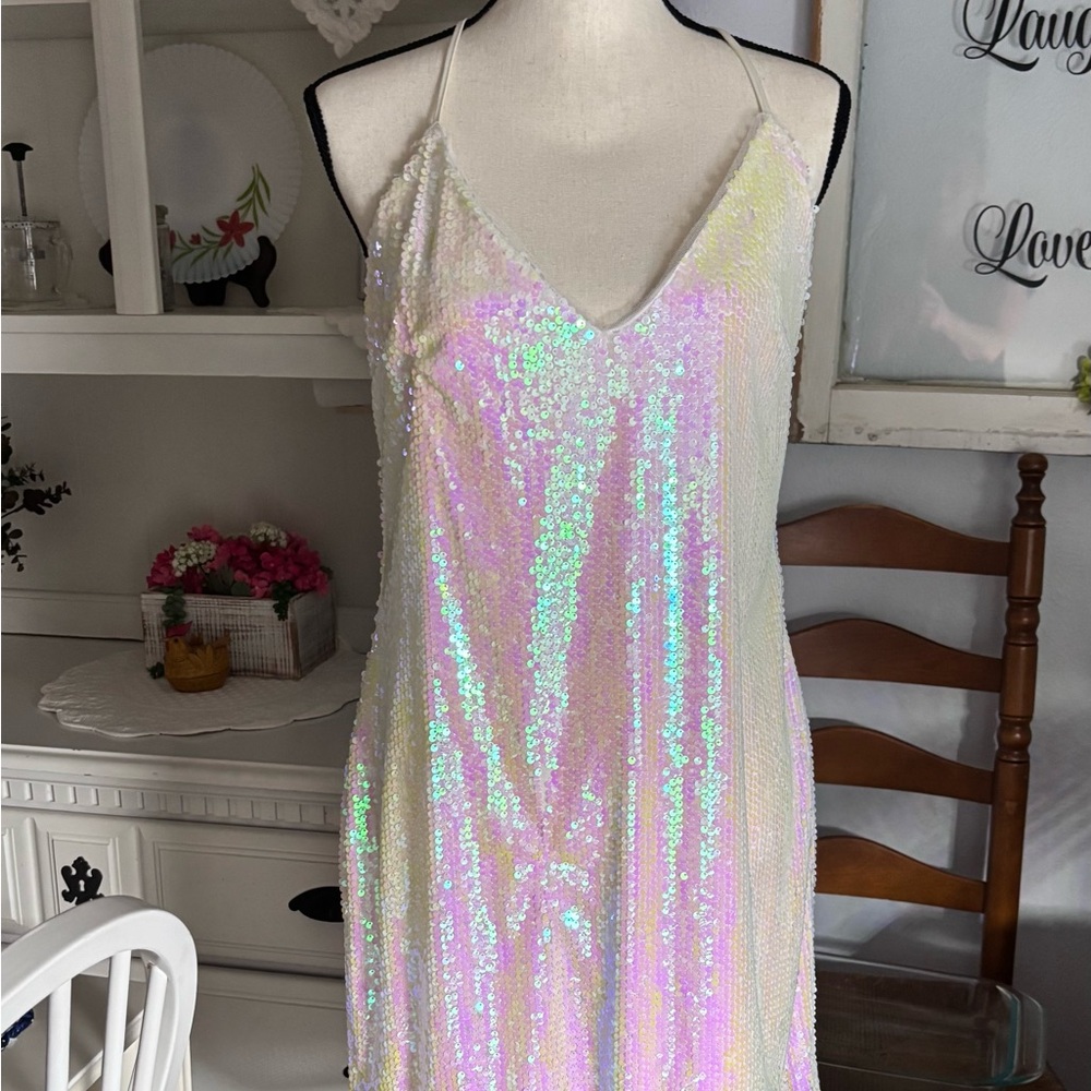 Mirrorball White Iridescent Sequin Mini Dress size large